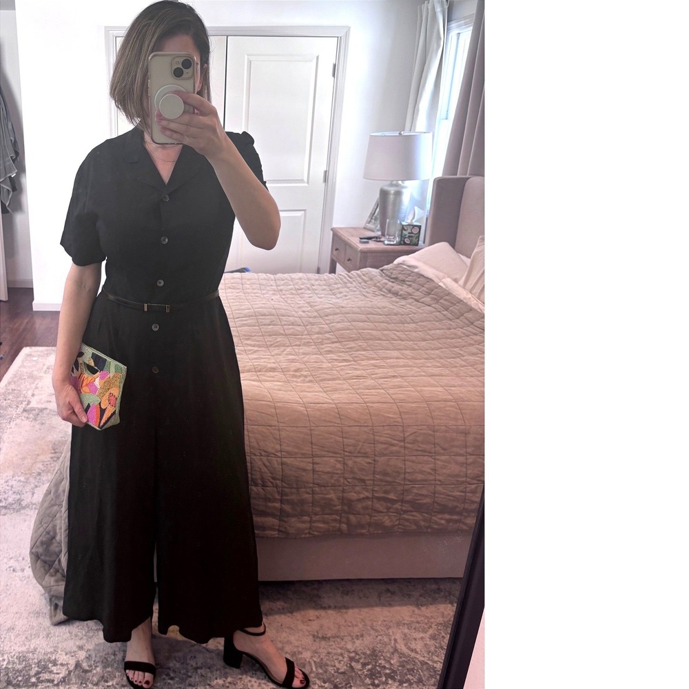 Katharine Hamnett London Vintage Navy Blue Button Front Wide Leg Jumpsuit Chic L